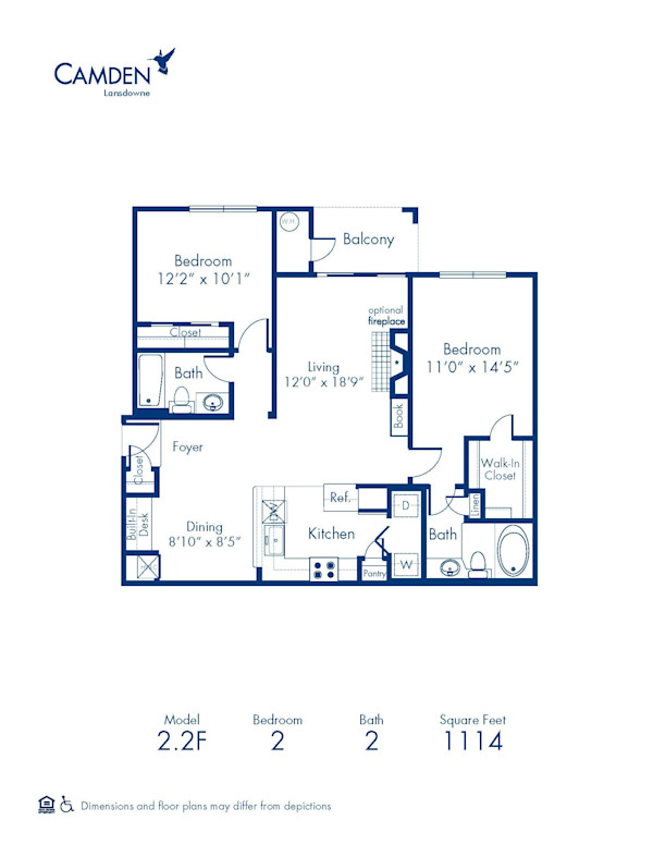 Blueprint of 2.2F Floor Plan, 2 Bedrooms and 2 Bathrooms at Camden Lansdowne Apartments in Lansdowne, VA