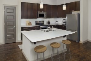 Terrace kitchen with white quartz countertops, stainless steel appliances, and hardwood-style flooring