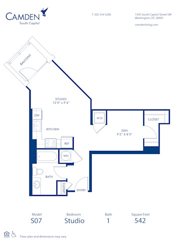 Blueprint of S07D Floor Plan, Studio with 1 Bathroom at Camden South Capitol Apartments in Washington, DC