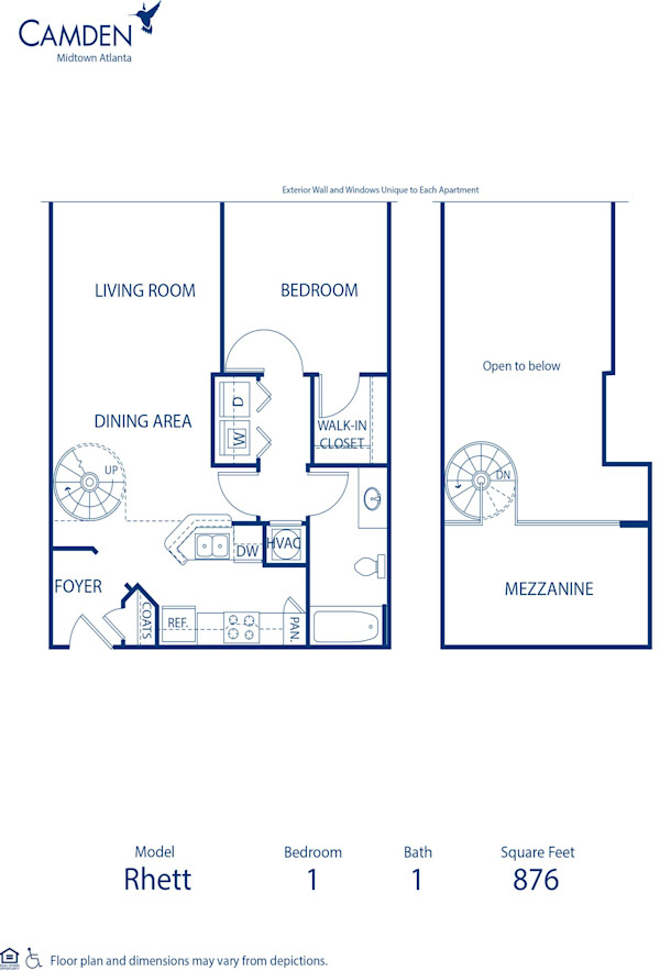 Blueprint of Rhett Floor Plan, 1 Bedroom and 1 Bathroom at Camden Midtown Atlanta Apartments in Atlanta, GA