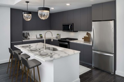 Modern gray kitchen with kitchen island and white quartz countertops