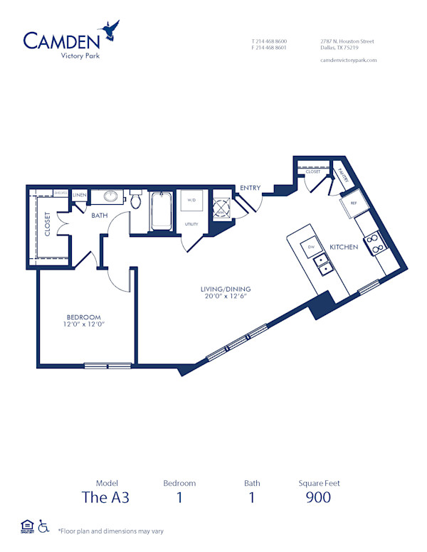 Blueprint of A3 Floor Plan, 1 Bedroom and 1 Bathroom at Camden Victory Park Apartments in Dallas, TX