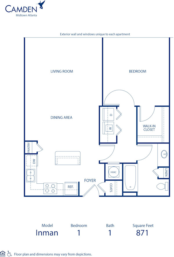 Blueprint of Inman Floor Plan, 1 Bedroom and 1 Bathroom at Camden Midtown Atlanta Apartments in Atlanta, GA