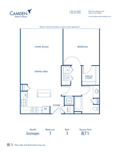 Blueprint of Inman Floor Plan, 1 Bedroom and 1 Bathroom at Camden Midtown Atlanta Apartments in Atlanta, GA