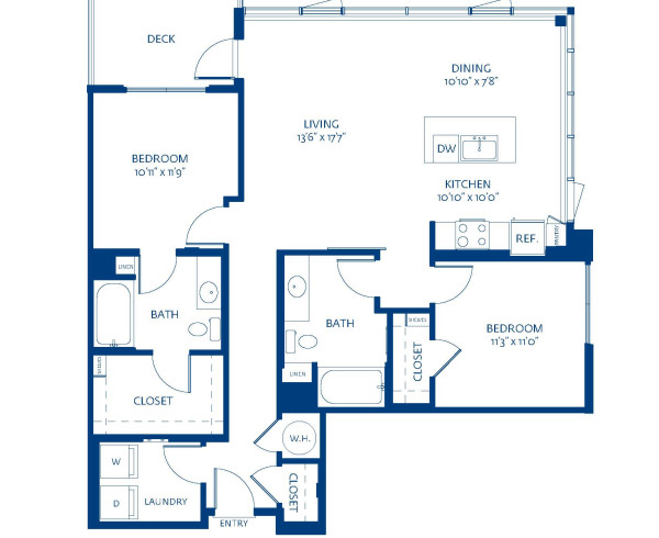 Blueprint of B6.1 Floor Plan, 2 Bedroom and 2 Bathroom at The Camden Apartments in Hollywood, CA
