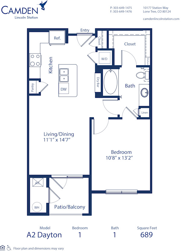 Blueprint of Dayton Floor Plan, 1 Bedroom and 1 Bathroom at Camden Lincoln Station Apartments in Lone Tree, CO