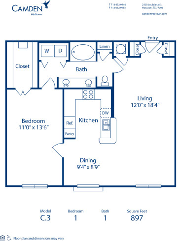 Blueprint of C.3 Floor Plan, 1 Bedroom and 1 Bathroom at Camden Midtown Houston Apartments in Houston, TX