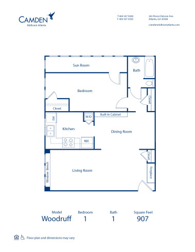 Woodruff floor plan diagram, 1 bed, 1 bath 907 square foot apartment home at Camden Midtown Atlanta