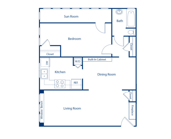 Woodruff floor plan diagram, 1 bed, 1 bath 907 square foot apartment home at Camden Midtown Atlanta