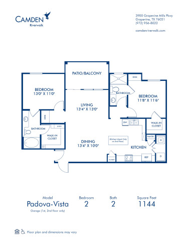 Blueprint of Padova Vista  - Garage Floor Plan, 2 Bedrooms and 2 Bathrooms at Camden Riverwalk Apartments in Grapevine, TX