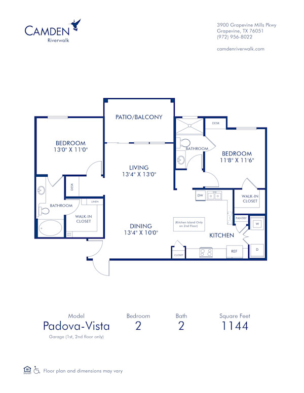 Blueprint of Padova Vista  - Garage Floor Plan, 2 Bedrooms and 2 Bathrooms at Camden Riverwalk Apartments in Grapevine, TX
