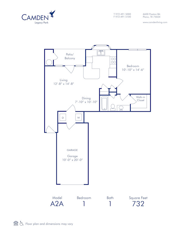Blueprint of A2A Floor Plan, 1 Bedroom and 1 Bathroom at Camden Legacy Park Apartments in Plano, TX