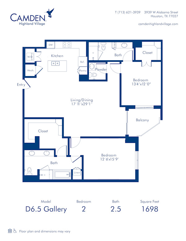 Camden Highland Village apartments in Houston, TX Gallery two bedroom floor plan D6.5