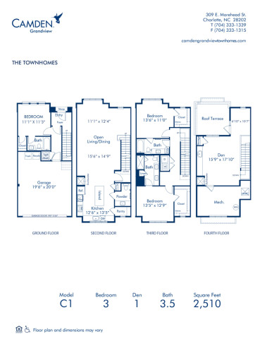 Blueprint of C1 Floor Plan, 3 bedroom and 3.5 bathroom apartment home at Camden Grandview Townhomes in Charlotte, NC