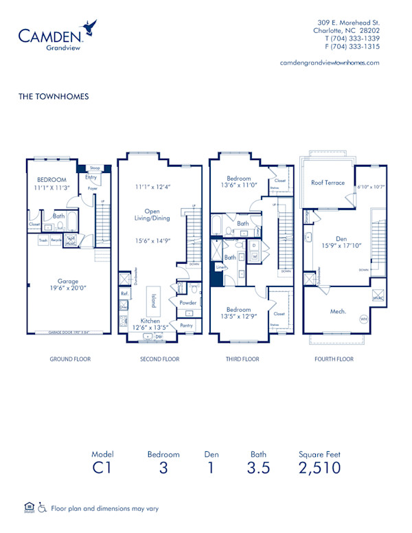 Blueprint of C1 Floor Plan, 3 bedroom and 3.5 bathroom apartment home at Camden Grandview Townhomes in Charlotte, NC