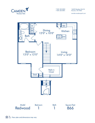 Blueprint of Redwood Floor Plan, 1 Bedroom and 1 Bathroom at Camden Woodson Park Apartments in Houston, TX
