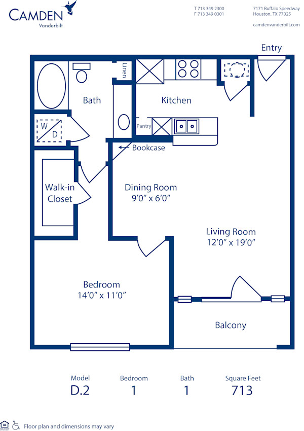 Blueprint of D.2 Floor Plan, 1 Bedroom and 1 Bathroom at Camden Vanderbilt Apartments in Houston, TX