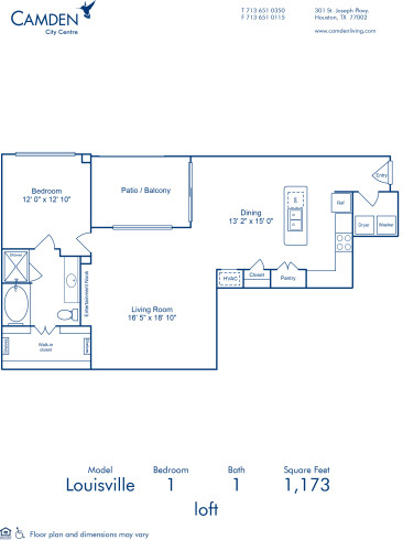 Blueprint of Louisville Floor Plan, 1 Bedroom and 1 Bathroom at Camden City Centre Apartments in Houston, TX