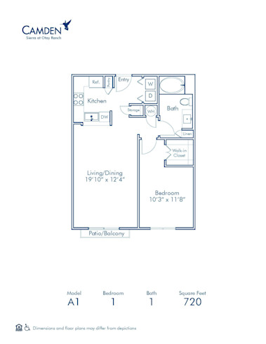 Blueprint of A1 Floor Plan, 1 Bedroom and 1 Bathroom at Camden Sierra at Otay Ranch Apartments in Chula Vista, CA