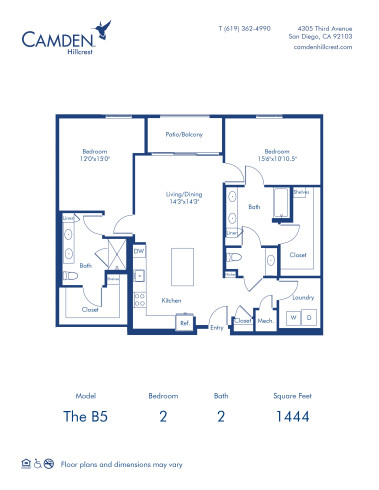 Camden Hillcrest apartments in San Diego, California two bedroom, two bath floor plan The B5