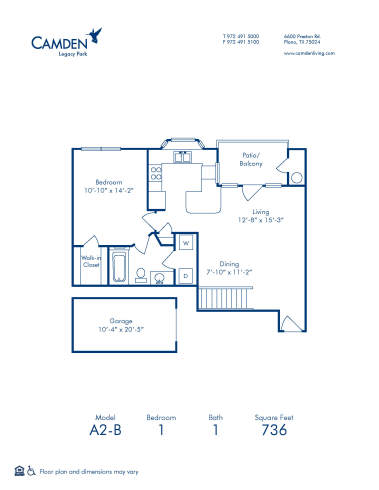 Blueprint of A2B Floor Plan, 1 Bedroom and 1 Bathroom at Camden Legacy Park Apartments in Plano, TX