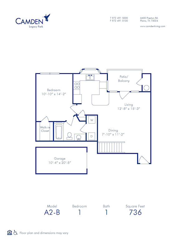 Blueprint of A2B Floor Plan, 1 Bedroom and 1 Bathroom at Camden Legacy Park Apartments in Plano, TX