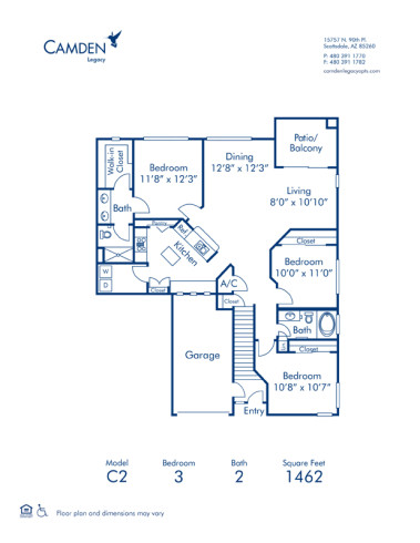 Blueprint of C2 Floor Plan, 3 Bedrooms and 2 Bathrooms at Camden Legacy Apartments in Scottsdale, AZ