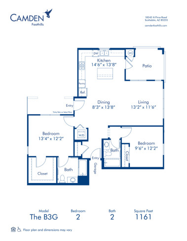 Blueprint of The B3G Floor Plan, 2 Bedrooms and 2 Bathrooms at Camden Foothills Apartments in Scottsdale, AZ