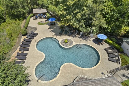 Aerial view of the pool at Camden Legacy Creek apartments in Plano, TX