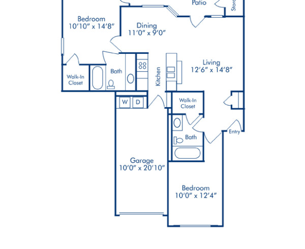 Blueprint of Sheridan Floor Plan, 2 Bedrooms and 2 Bathrooms at Camden Cimarron Apartments in Irving, TX