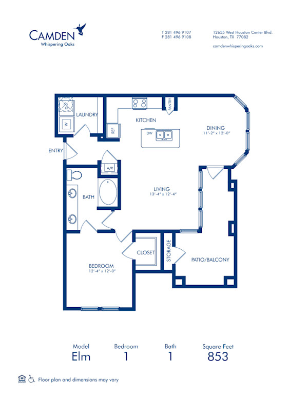 Blueprint of Elm Floor Plan, 1 Bedroom and 1 Bathroom at Camden Whispering Oaks Apartments in Houston, TX