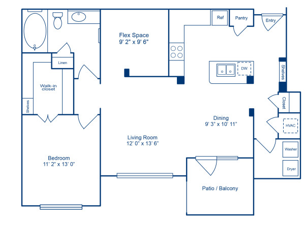 Blueprint of Miami Floor Plan, 1 Bedroom and 1 Bathroom at Camden City Centre Apartments in Houston, TX