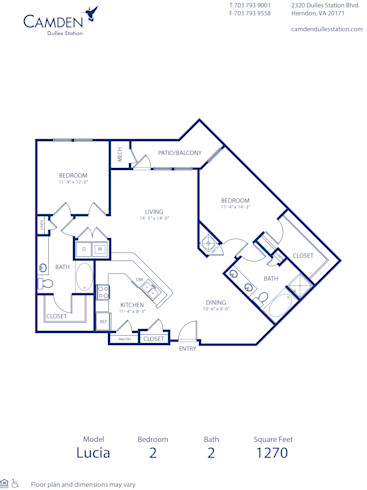 Blueprint of Lucia Floor Plan, 2 Bedrooms and 2 Bathrooms at Camden Dulles Station Apartments in Herndon, VA