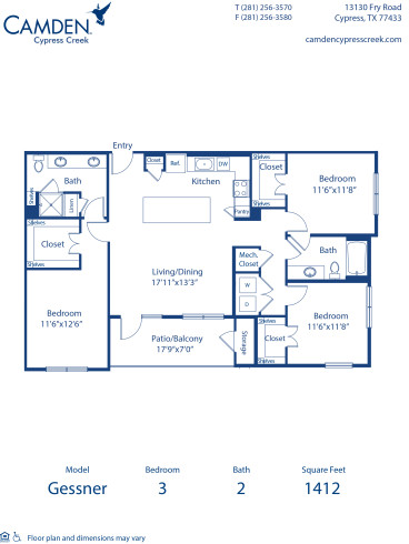 Blueprint of the Gessner floor plan at Camden Cypress Creek II apartments in Houston, TX