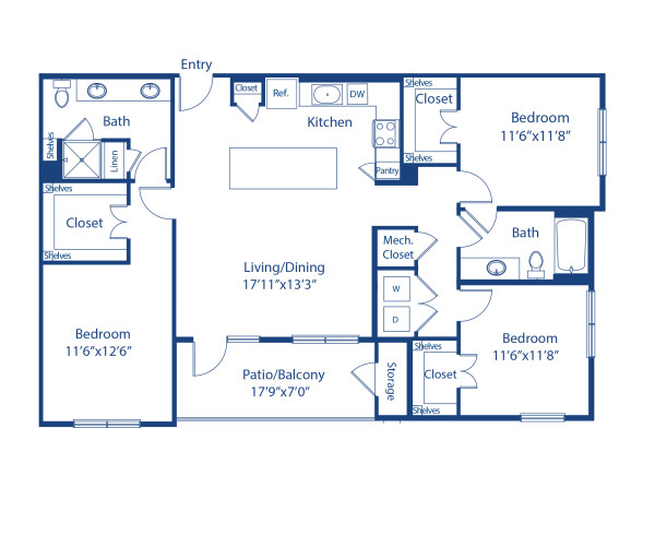 Blueprint of the Gessner floor plan at Camden Cypress Creek II apartments in Houston, TX
