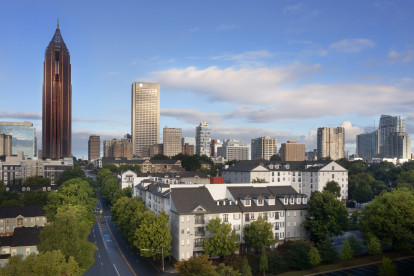 Community with atlanta skyline in background at Camden Midtown Atlanta in Atlanta Georgia