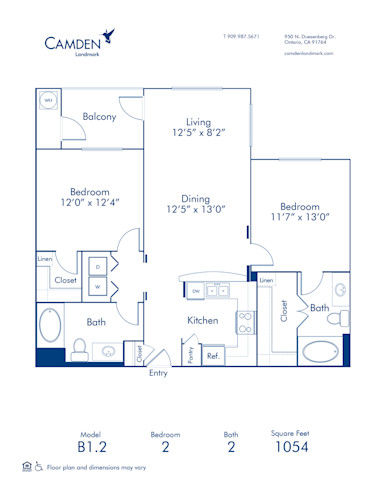 Blueprint of B1.2 Floor Plan, Apartment Home with 2 Bedrooms and 2 Bathrooms at Camden Landmark in Ontario, CA