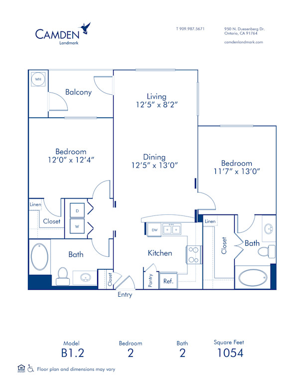 Blueprint of B1.2 Floor Plan, Apartment Home with 2 Bedrooms and 2 Bathrooms at Camden Landmark in Ontario, CA