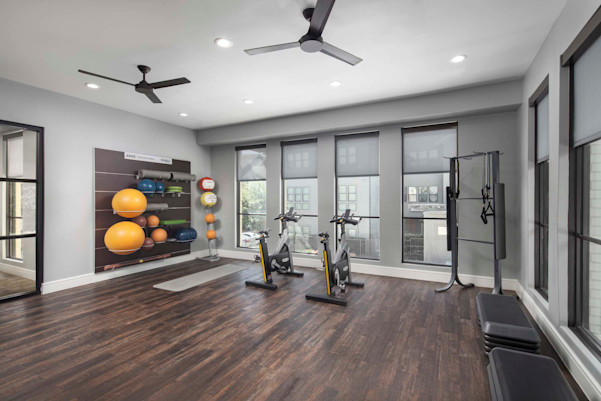 24-hour yoga and spin room in the Villas Fitness Center at Camden Greenville apartments in Dallas, TX