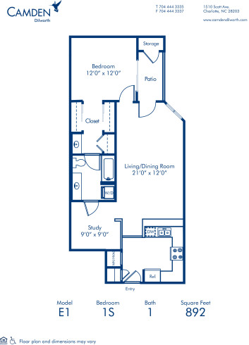 Blueprint of E1 Floor Plan, 1 Bedroom and 1 Bathroom at Camden Dilworth Apartments in Charlotte, NC