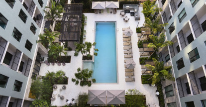 Bird's eye view of pool at Camden Atlantic apartments in Plantation, Florida.