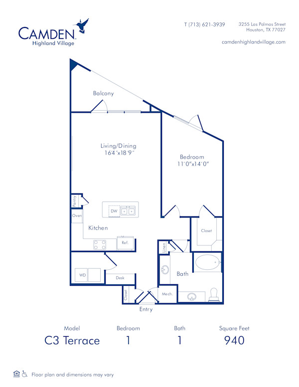 Camden Highland Village apartments in Houston, TX Terrace one bedroom floor plan C3
