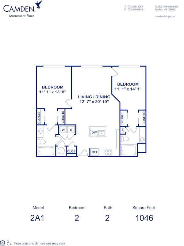 Blueprint of 2A1 Floor Plan, 2 Bedrooms and 2 Bathrooms at Camden Monument Place Apartments in Fairfax, VA