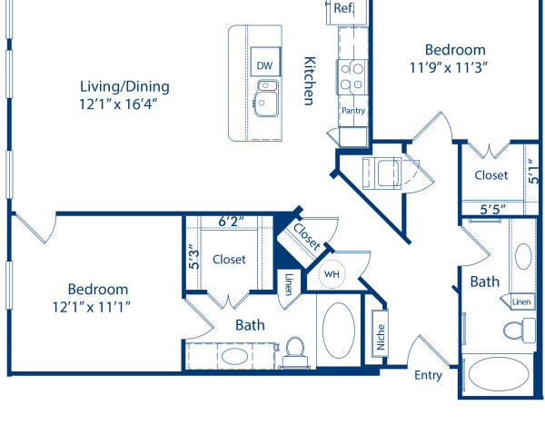 Blueprint of Bleaker 1 Floor Plan, 2 Bedrooms and 2 Bathrooms at Camden Belmont Apartments in Dallas, TX