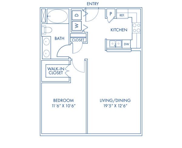 Blueprint of A2 Floor Plan, 1 Bedroom and 1 Bathroom at Camden Tuscany Apartments in San Diego, CA