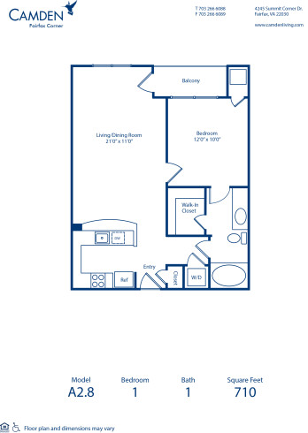 Blueprint of A2.8 Floor Plan, 1 Bedroom and 1 Bathroom at Camden Fairfax Corner Apartments in Fairfax, VA