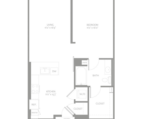 Blueprint of A1.1 Floor Plan, Apartment Home with 1 Bedroom and 1 Bathroom at The Camden in Hollywood, CA