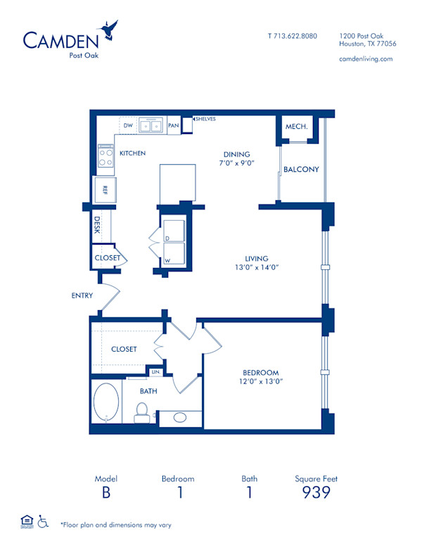 Blueprint of B Floor Plan, 1 Bedroom and 1 Bathroom at Camden Post Oak Apartments in Houston, TX