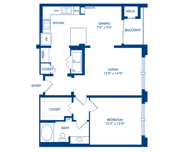 Blueprint of B Floor Plan, 1 Bedroom and 1 Bathroom at Camden Post Oak Apartments in Houston, TX