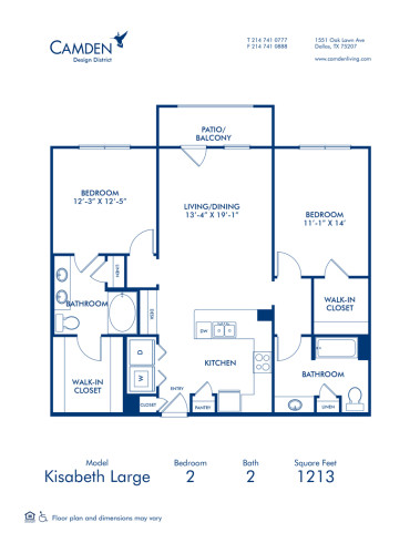 Blueprint of Kisabeth Large Floor Plan, 2 Bedrooms and 2 Bathrooms at Camden Design District Apartments in Dallas, TX